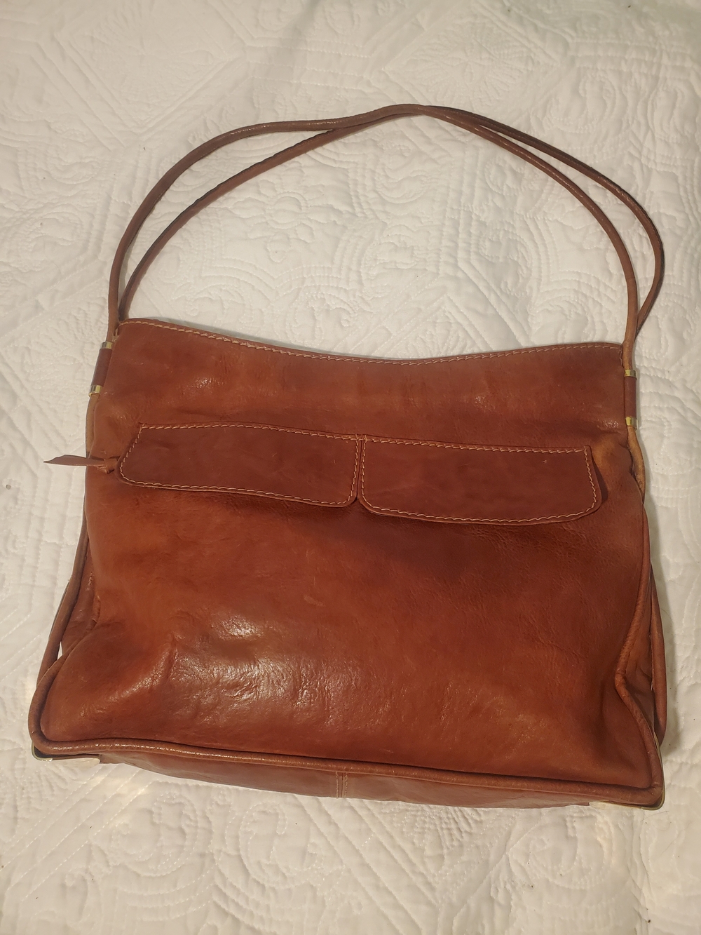 Vintage 1970s Italian Leather Accordian Handbag Brass Corner Accent Shoulder Bag